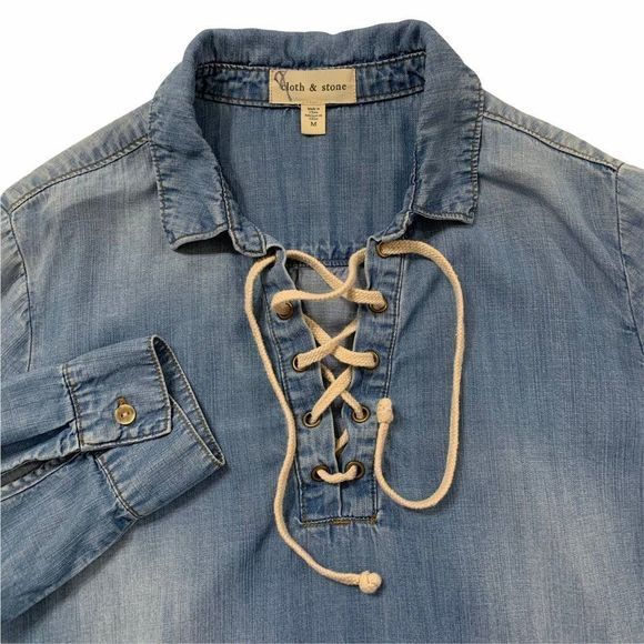 Cloth &‎ Stone Lace Up Chambray Tunic Collared Top - Picture 10 of 10